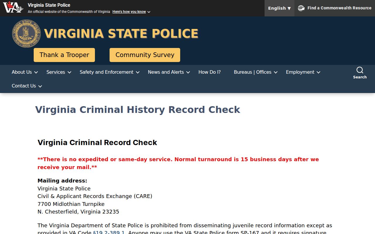 Virginia SP-167 Mecklenburg County criminal history request page