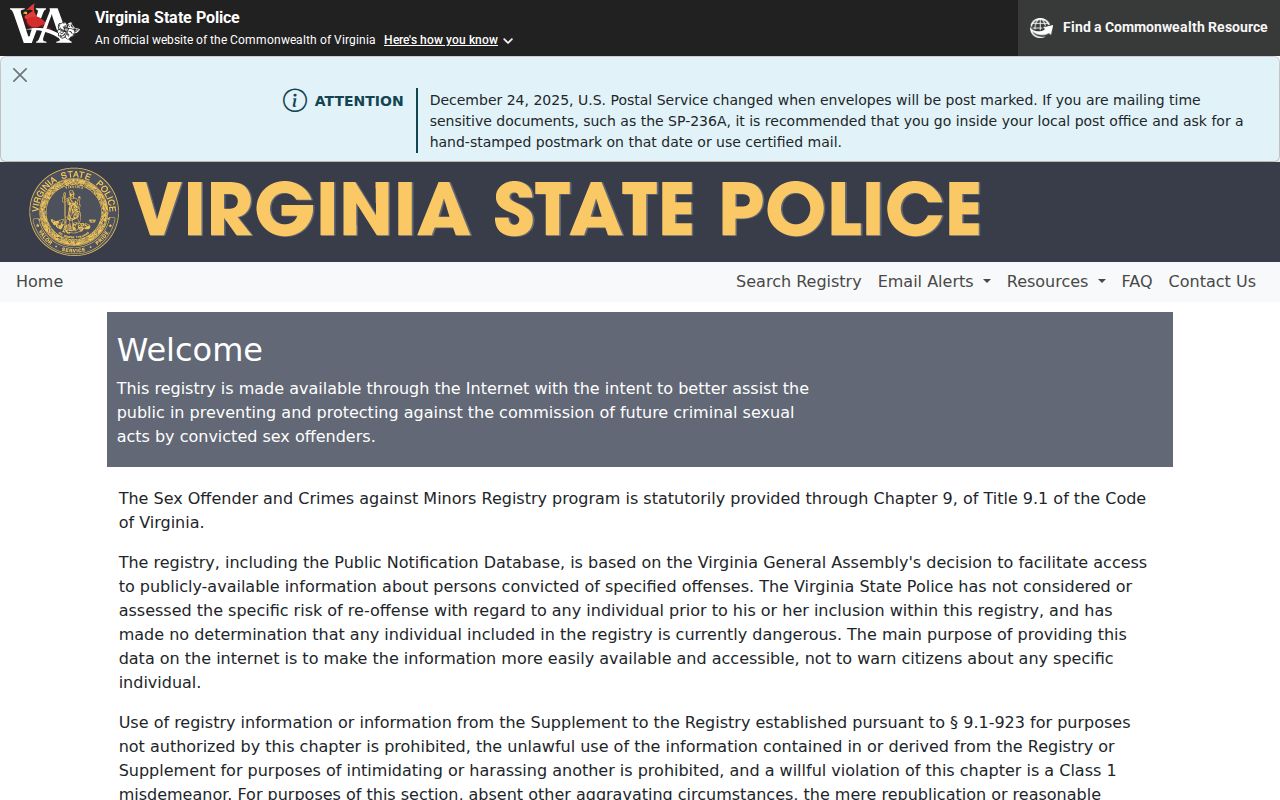 Mecklenburg County sex offender registry search interface from Virginia State Police